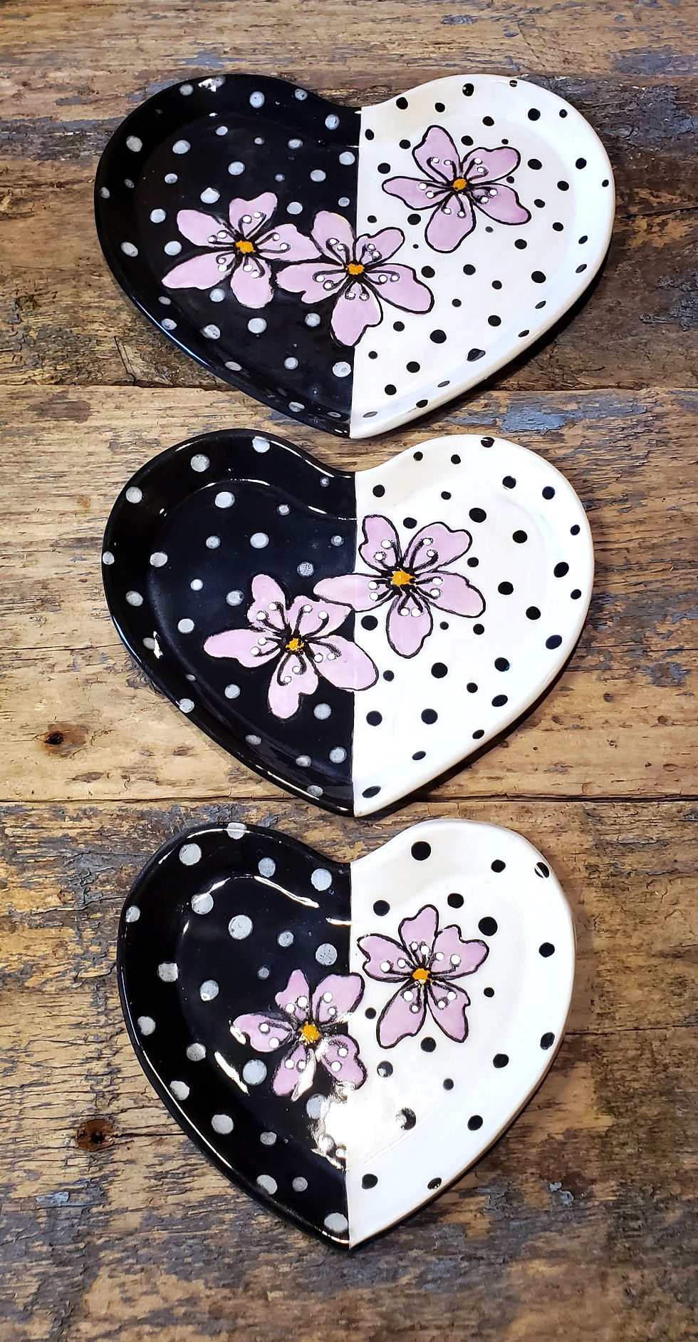 Thumbnail: Set of 3 Snack dishes - Black &White - Pink Flower dots