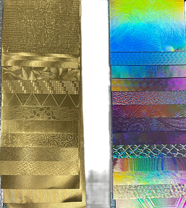 Gold and holographic embossed decorative film samples in various textures.
