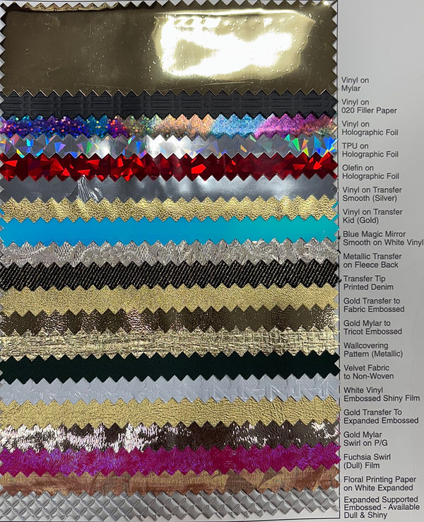 Assorted metallic vinyl, mylar, holographic foil, and embossed fabric samples for industrial treatment services