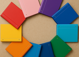 Assorted colorful PVC three-ring binders arranged in a circle