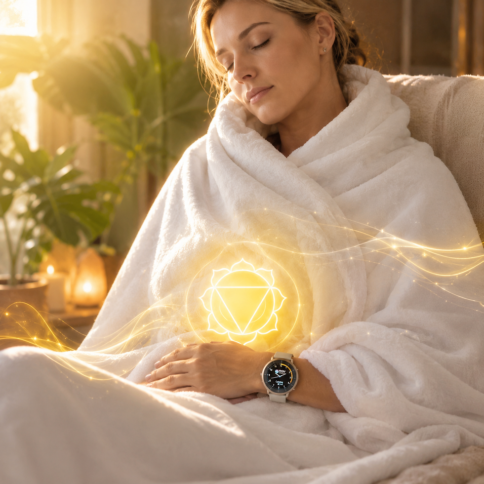 woman sitting in chair with a blanket wrapped around her wearing a watch