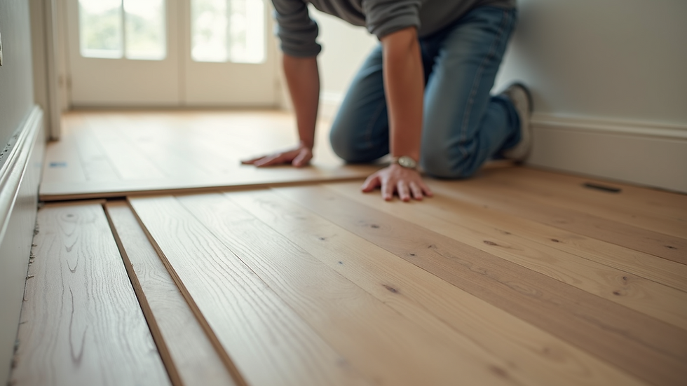 High angle view of professional installing vinyl plank flooring