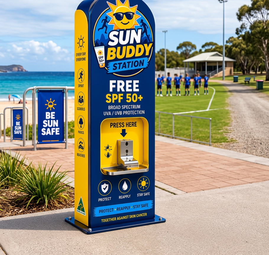 SunBuddy sunscreen station on a sunny beach