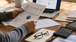 Person reviewing investment statements and financial documents at a desk while planning how to pay tax on a Roth conversion.