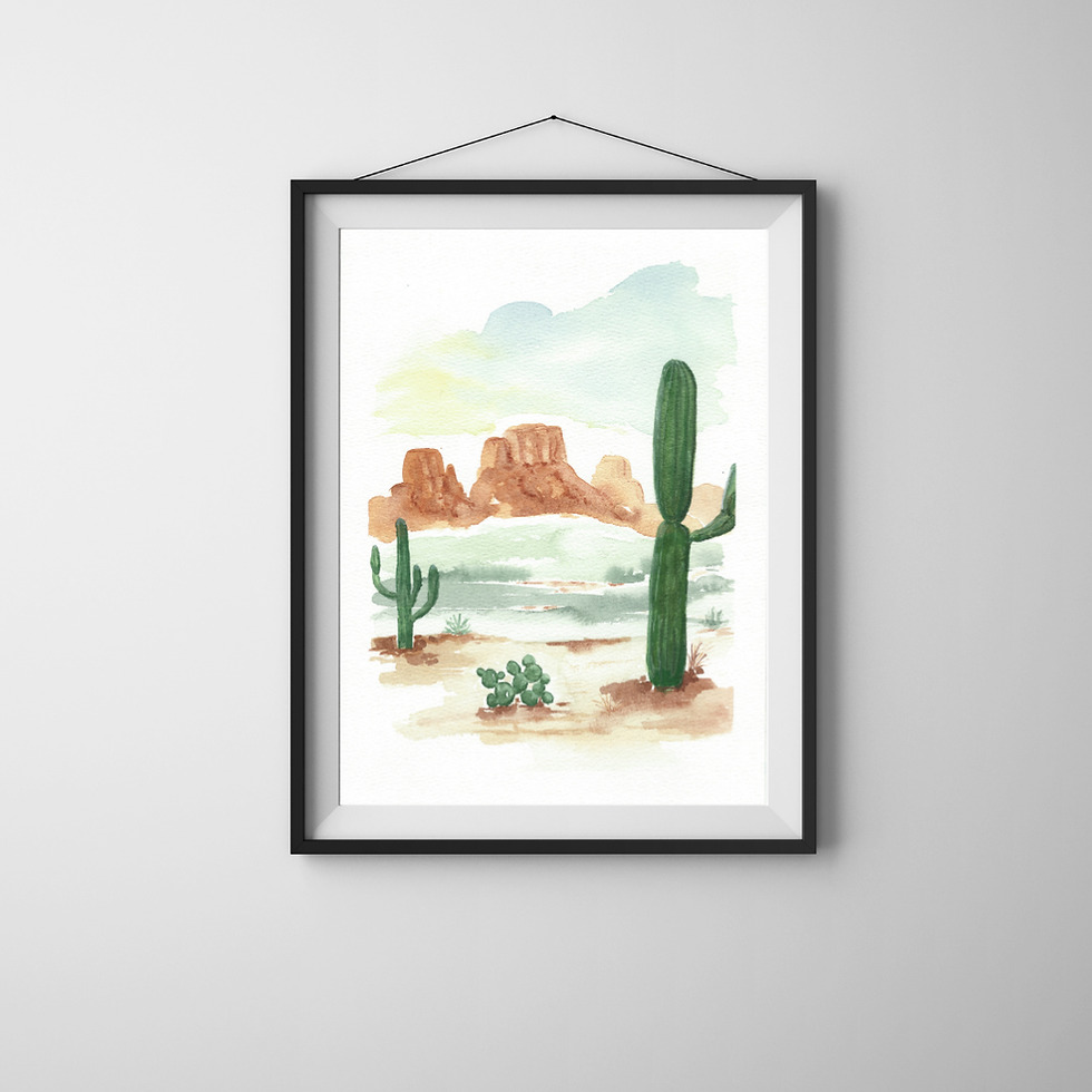 A framed loose watercolor of a sunny Sedona day with Mesas and cacti 