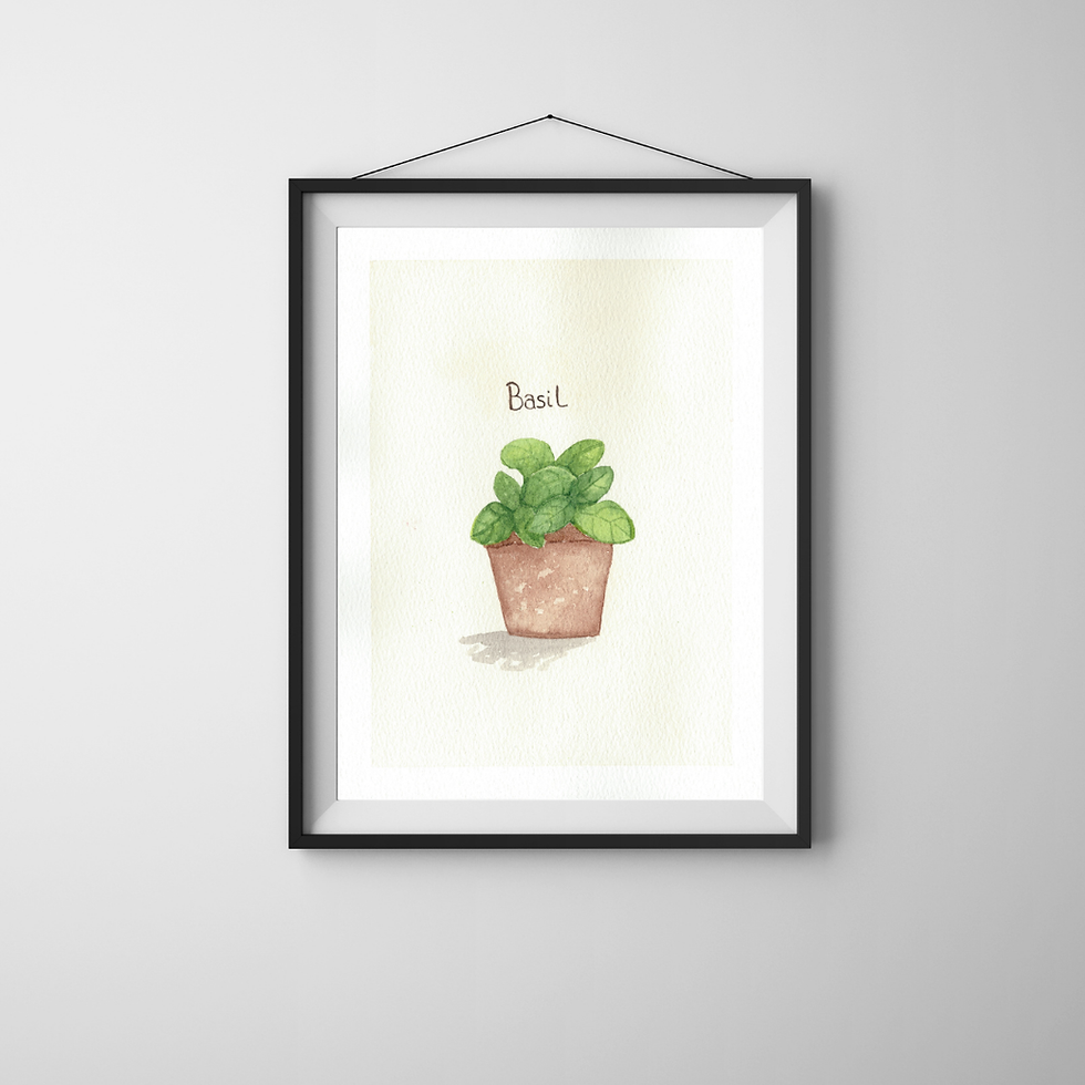 a framed picture of a lush basil plant in a small terracotta pot