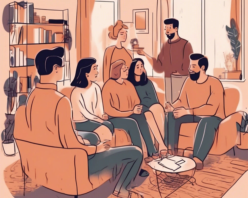 Um casal liderando um grupo de outros casais em sua casa e testemunhando de sua fé em Cristo