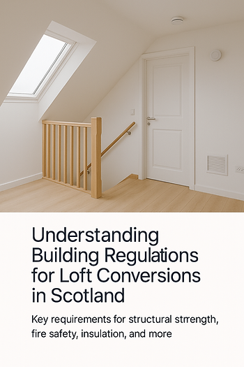 Loft with wooden railing and skylight. White walls and door. Text: Understanding Building Regulations for Loft Conversions in Scotland.