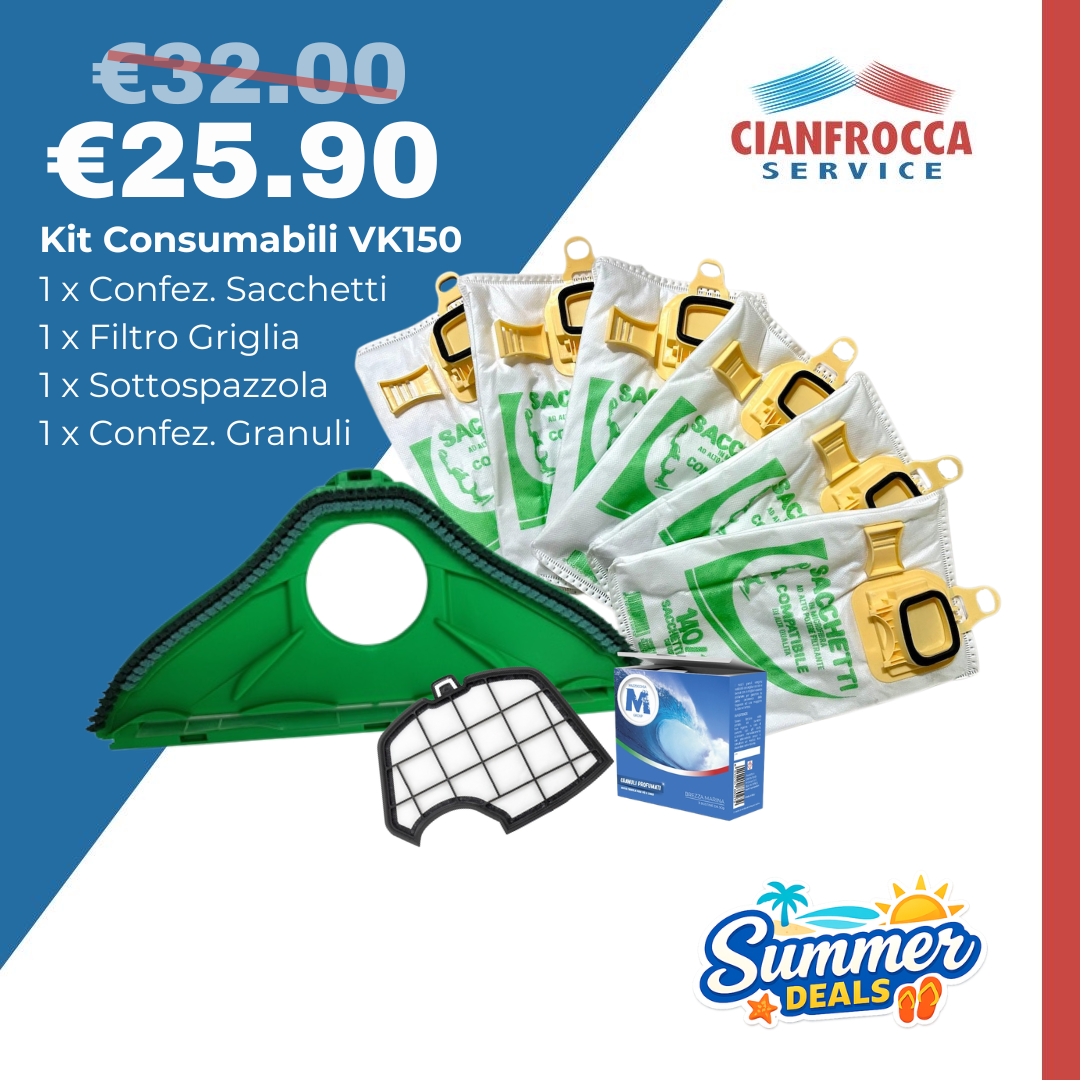 Kit Consumabili Folletto VK150 sacchetti filtro profumi sottospazzola piastra