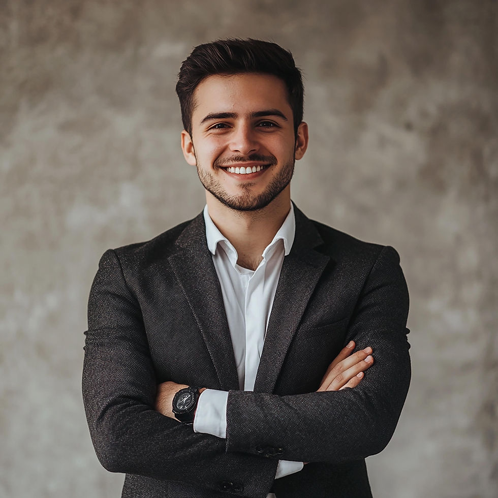 Smiling man in suit with arms crossed, professional headshot, About Us
