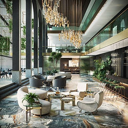 Elegant lobby with seating, design and chandeliers, Residential Design, upscale interior decor.