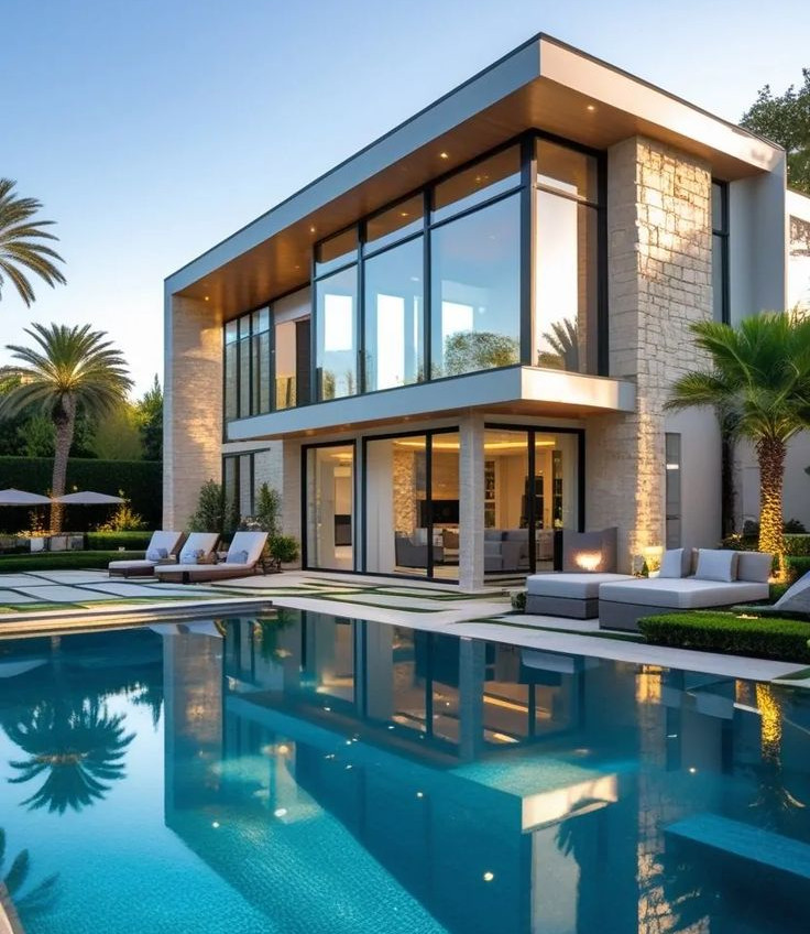 Modern luxury home with large windows and a beautiful swimming pool.