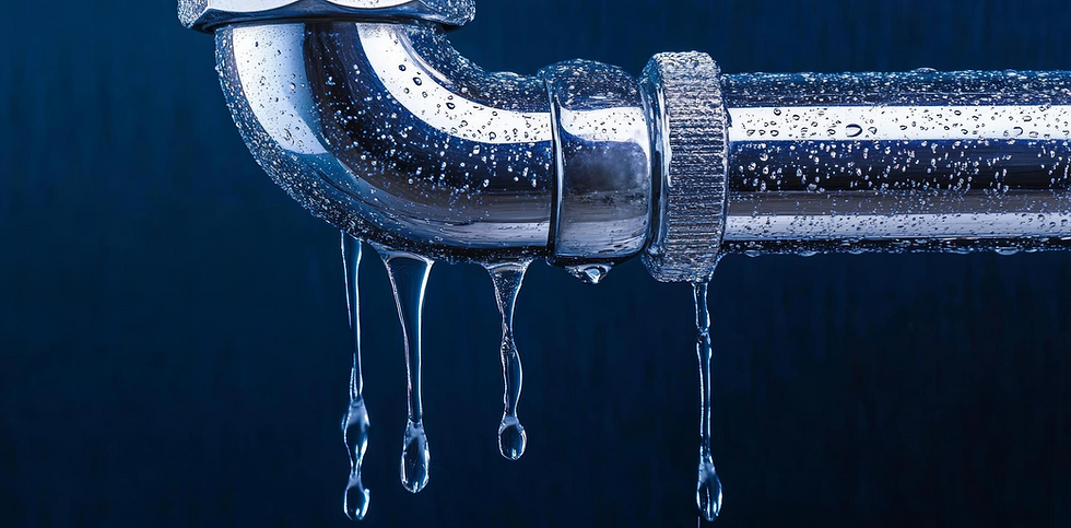 Water leaking from a shiny metal pipe, with water droplets on it.