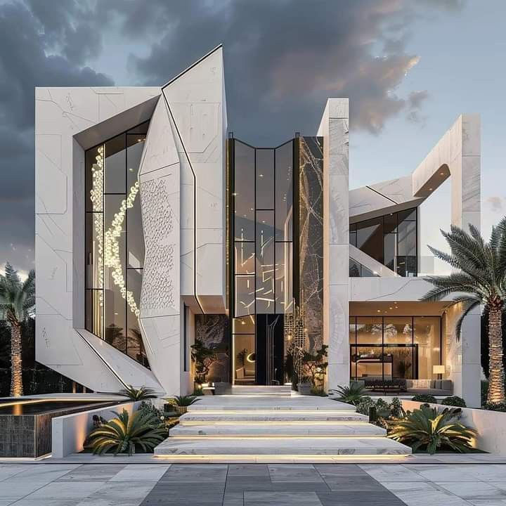 Modern white luxury home exterior with glass and stone, Residential Design.