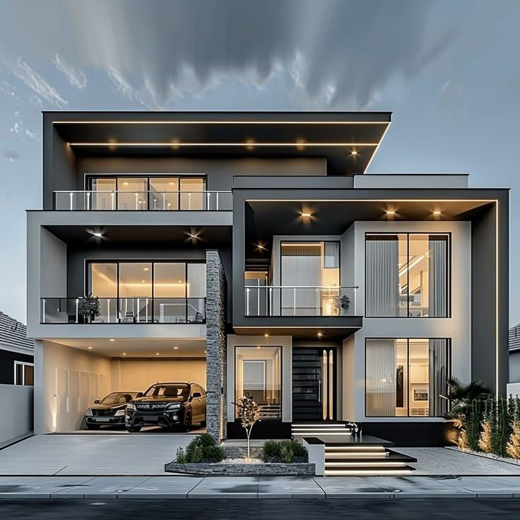 Modern three-story house with a garage, glass windows, and a beautiful design.