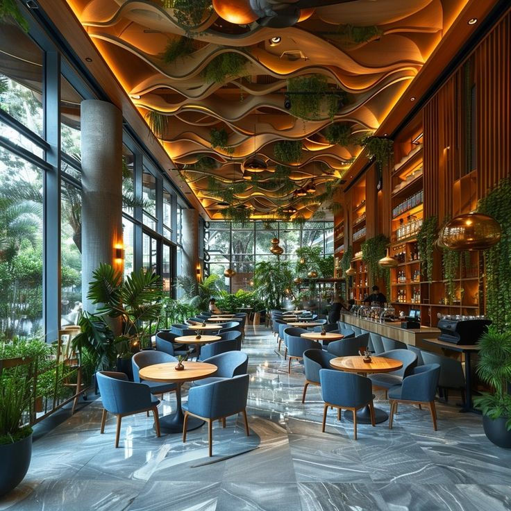 Elegant restaurant interior with tables, chairs, and lush greenery; warm lighting ambience.