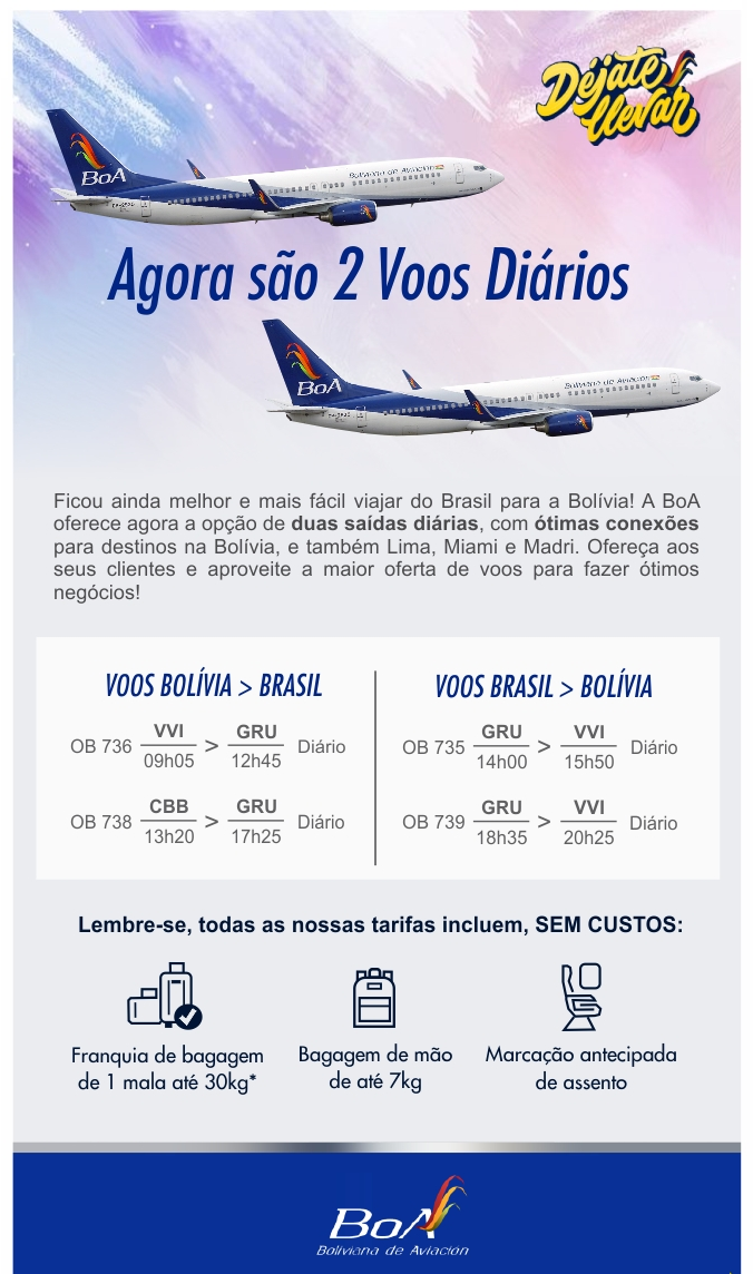 A BoA oferece agora a opção de duas saídas diárias, com ótimas conexões para destinos na Bolívia, e também Lima, Miami e Madri. Confira! 