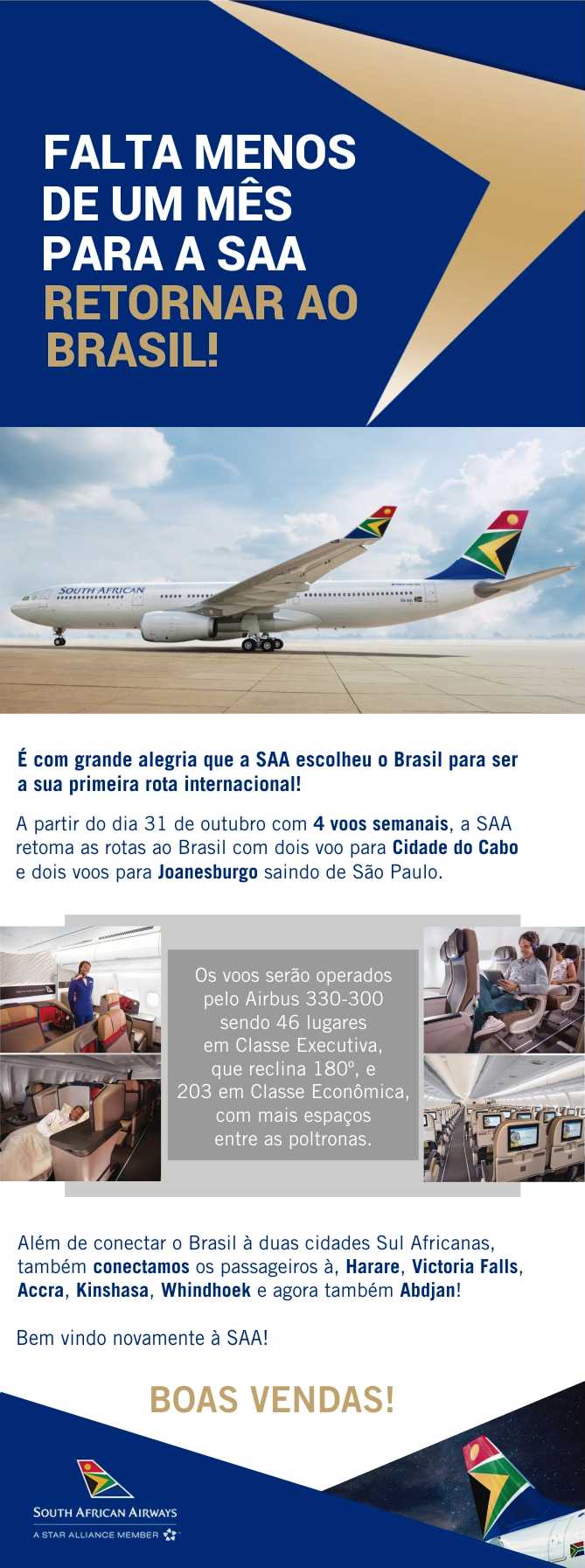 Falta menos de 1 mês para a SAA retornar ao Brasil - South African Airways