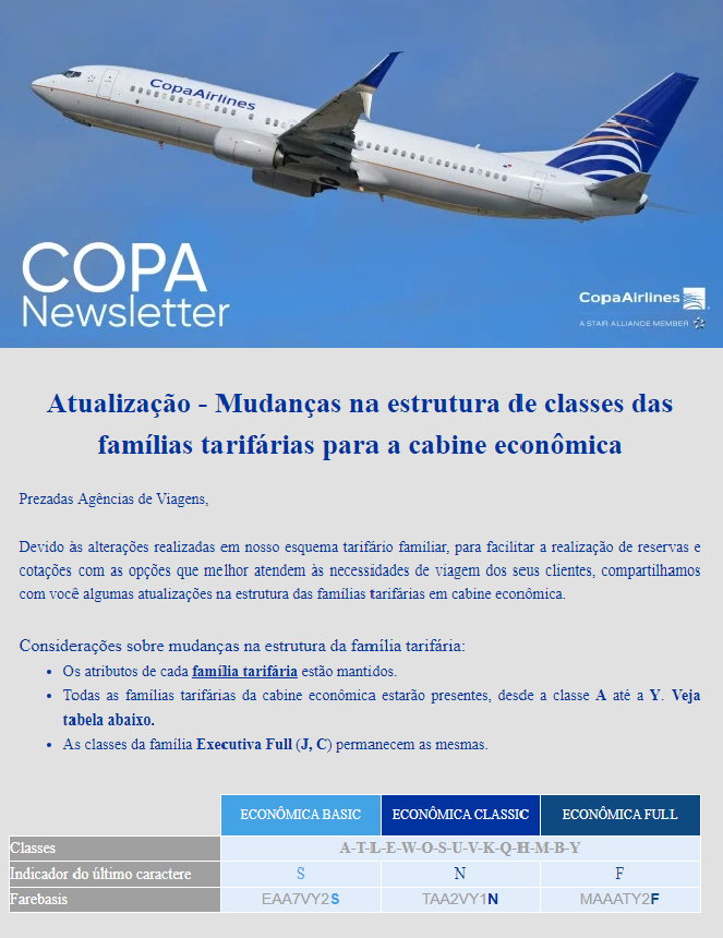 Copa Airlines com Transpac Consolidadora. Mudanças na estrutura de classes das famílias tarifárias para a cabine econômica.
