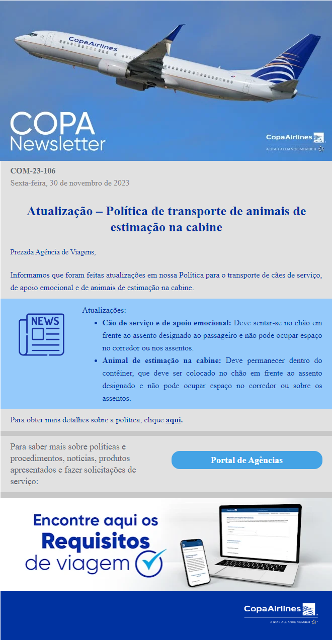 Política de transporte de animais de estimação na cabine