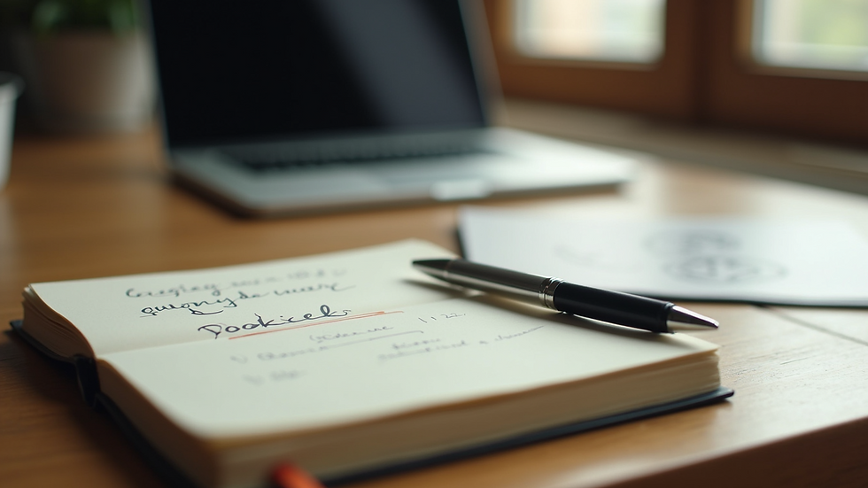 Close-up view of a journal with handwritten notes and a pen on a wooden desk