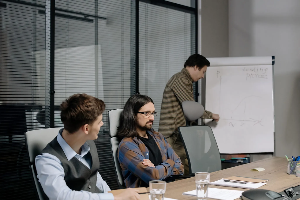 Two men sit at a table, one listening, while another man writes on a flip chart labeled "Testing Process." Office setting, focused mood.