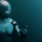 A humanoid robot with glowing eyes examines particles disintegrating from its hand in a teal, futuristic setting. AI and intimacy