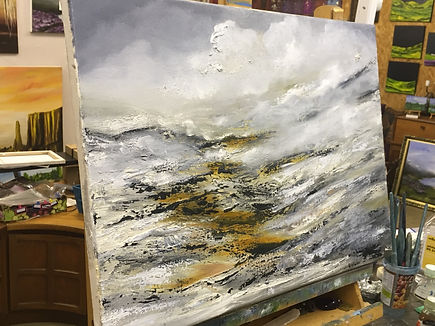 abstract painting, oil painting, contemporary art, abstract landscape, clouds, mountain, grey, ochre, gold, mist in mountain,