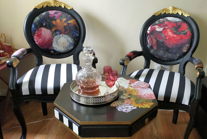 Renovated, Restyled, in high quality Chairs and table. A set for Excellence in Interiors design. Chic, Luxurious furniture for a stylish home décor. Bespoke furniture created from artist to a high class taste house owners and interiors designers