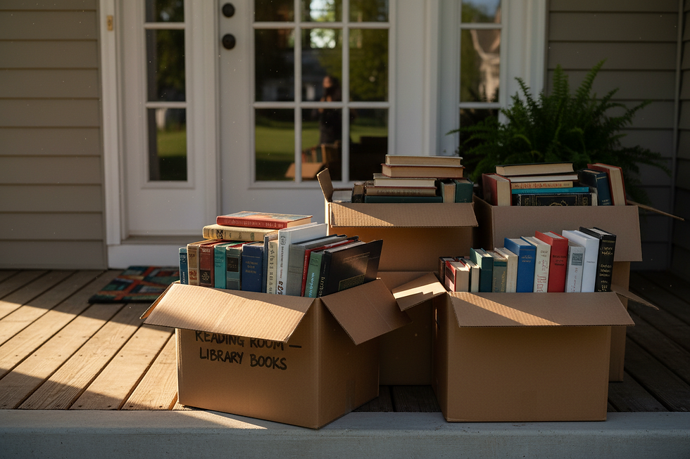 Stacks of neatly boxed books ready for free donation pickup during a Las Vegas summer move-out