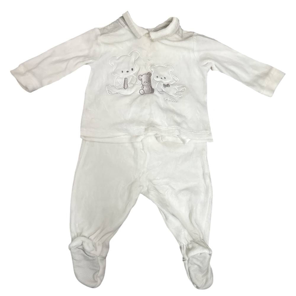 Conjunto Calça e Blusa de Veludo Branco Ursos da My First Chicco - Tam 3 Meses