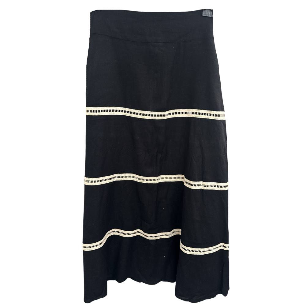 Saia Longa de Linho com Renda Preta da Griffe Donna Preta - Tam P