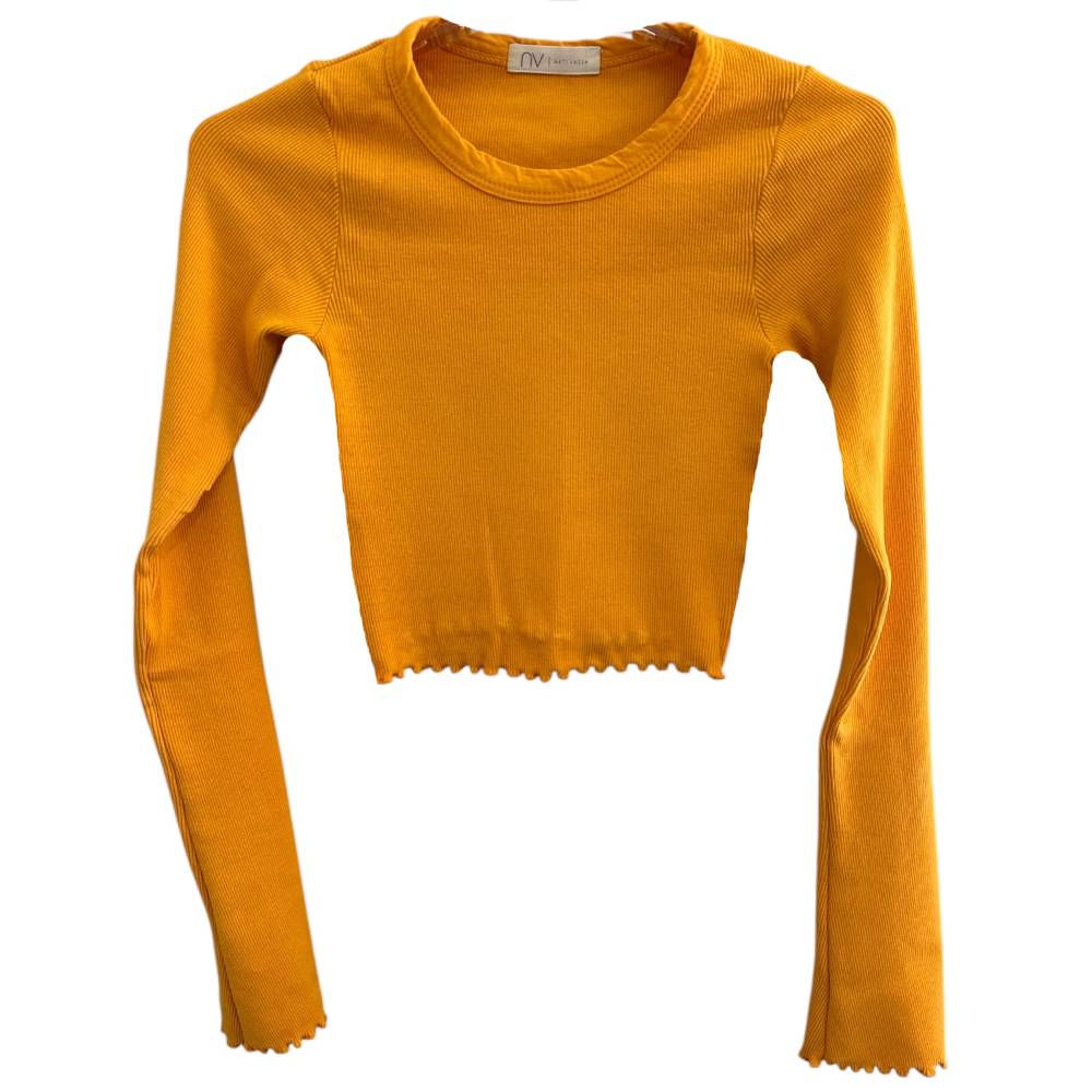 Blusa Cropped Canelado Manga Longa Mostarda da Nati Vozza - Tam PP