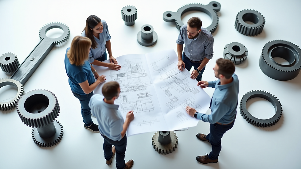 High angle view of a contract manufacturing team discussing production plans