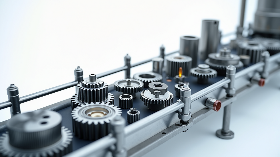 Close-up view of industrial conveyor belt transporting components