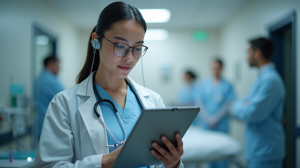 Eye-level view of a healthcare professional using a tablet for remote patient support