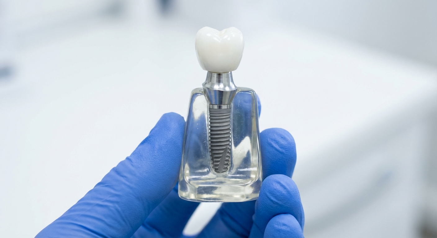 Dental implant model showing titanium post and crown