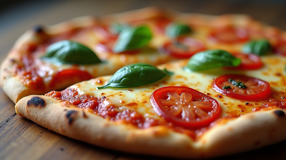 Close-up view of a pizza Margarita slice with melted cheese and fresh basil