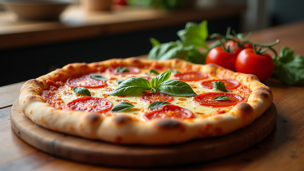 Eye-level view of a freshly baked pizza Margarita on a wooden table