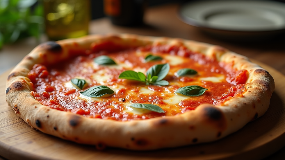 Eye-level view of a freshly baked margarita pizza on a wooden table