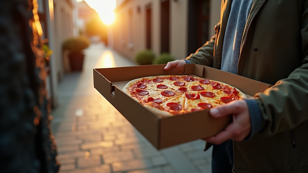 Eye-level view of a pizza box being delivered at a doorstep