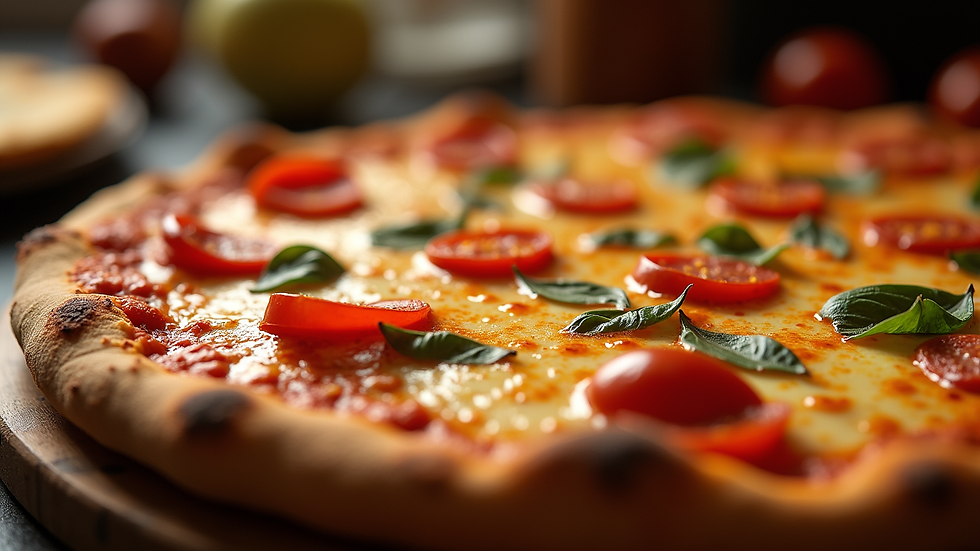 Close-up view of a hot pizza with melted cheese and toppings