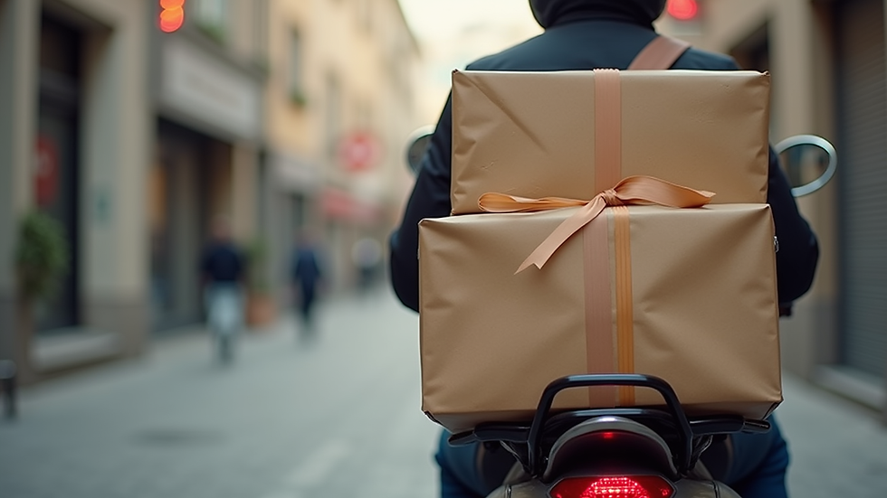 Close-up view of a delivery bag with food packages on a scooter