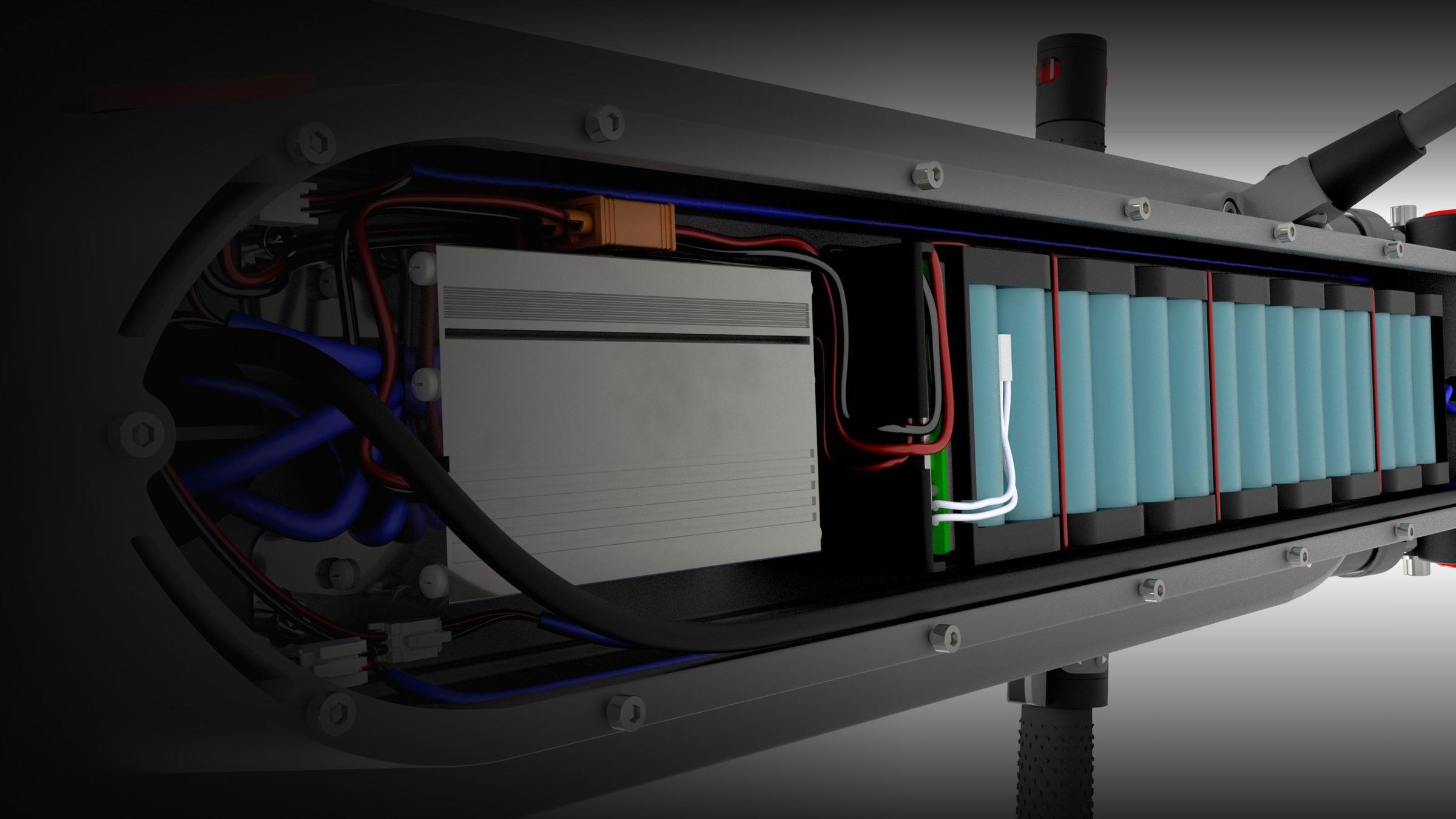The scooter’s deck bay in Inventor: controller, cells and wiring
