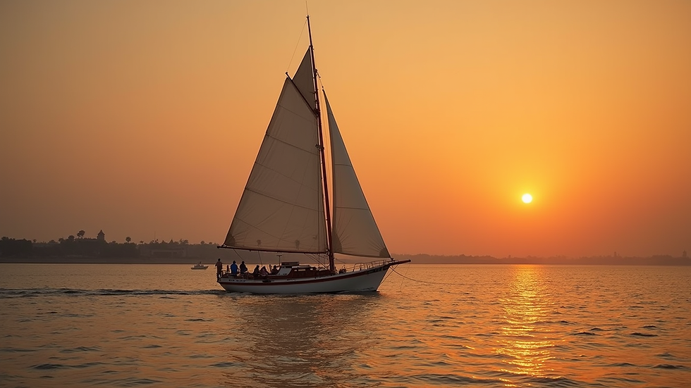 High angle view of a traditional felucca sailing on the Nile River at sunset