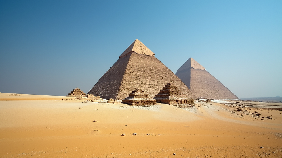 Eye-level view of the Great Pyramid of Giza with a clear blue sky