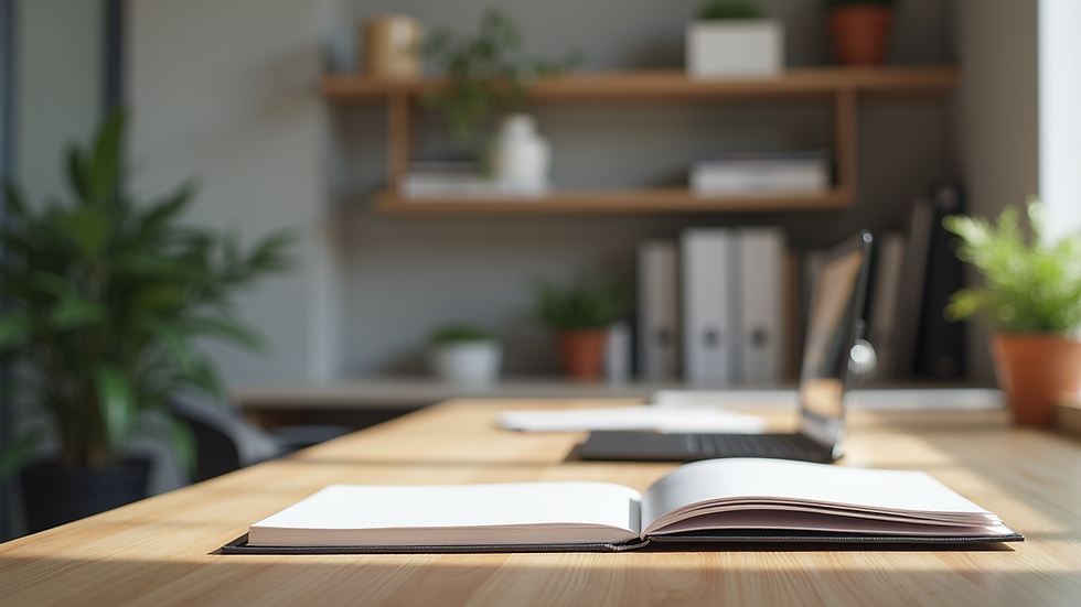 Vue rapprochée d’un bureau organisé avec un carnet ouvert et un stylo