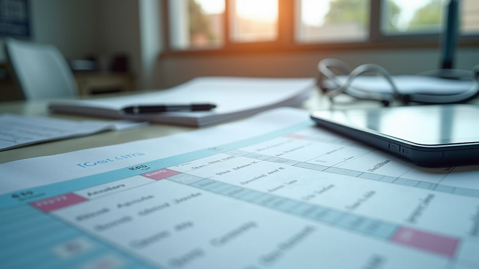 Close-up view of a healthcare coordinator’s desk with appointment schedules and medical files