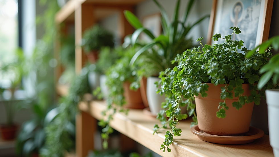 Close-up view of a variety of indoor plants arranged on a wooden shelf