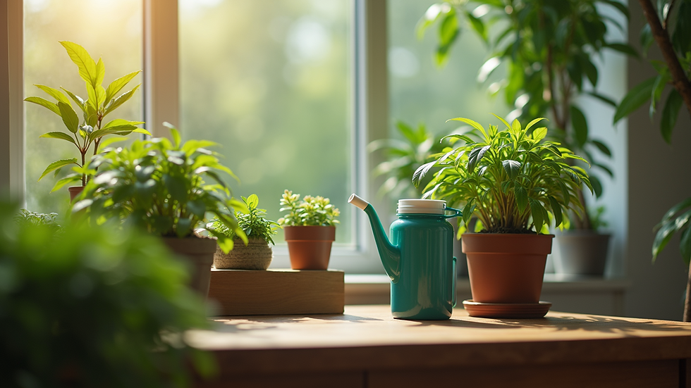Close-up view of a plant care setup with watering supplies